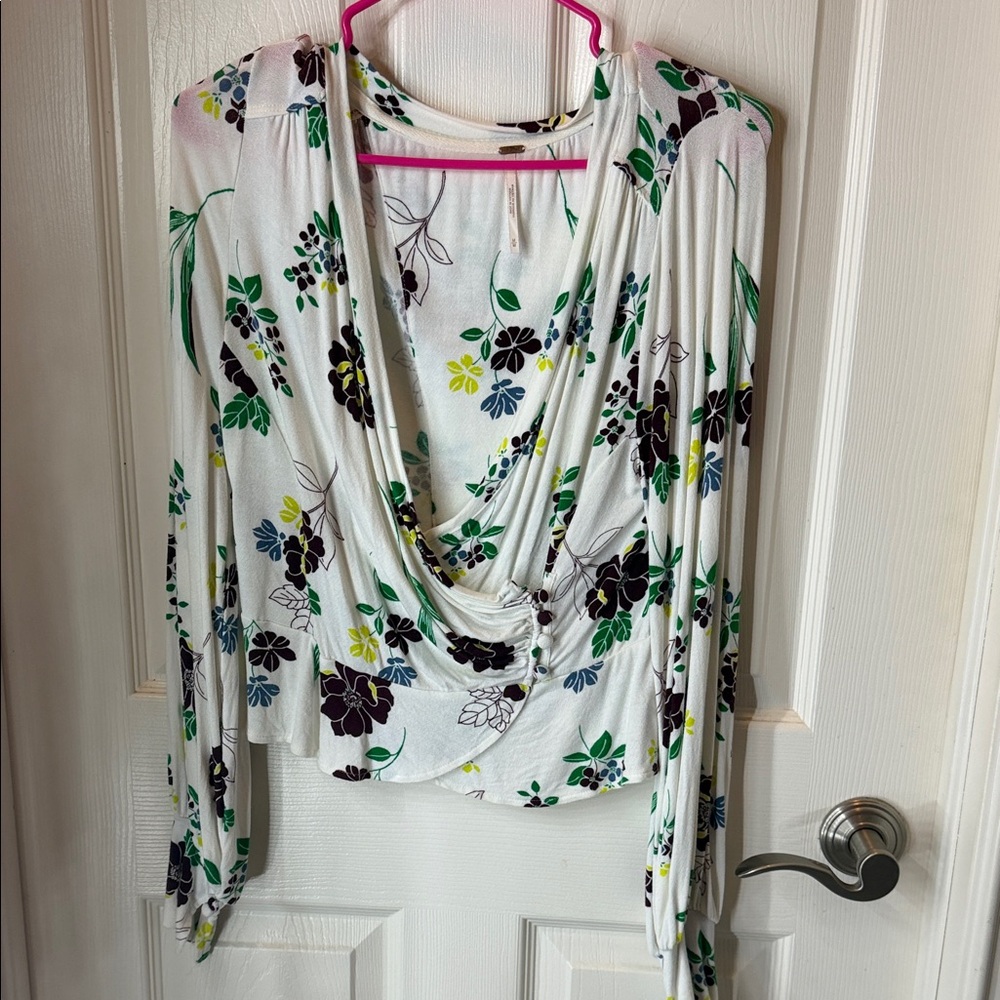 Free People White Floral Draped Long-Sleeve Top with Green & Navy Accents